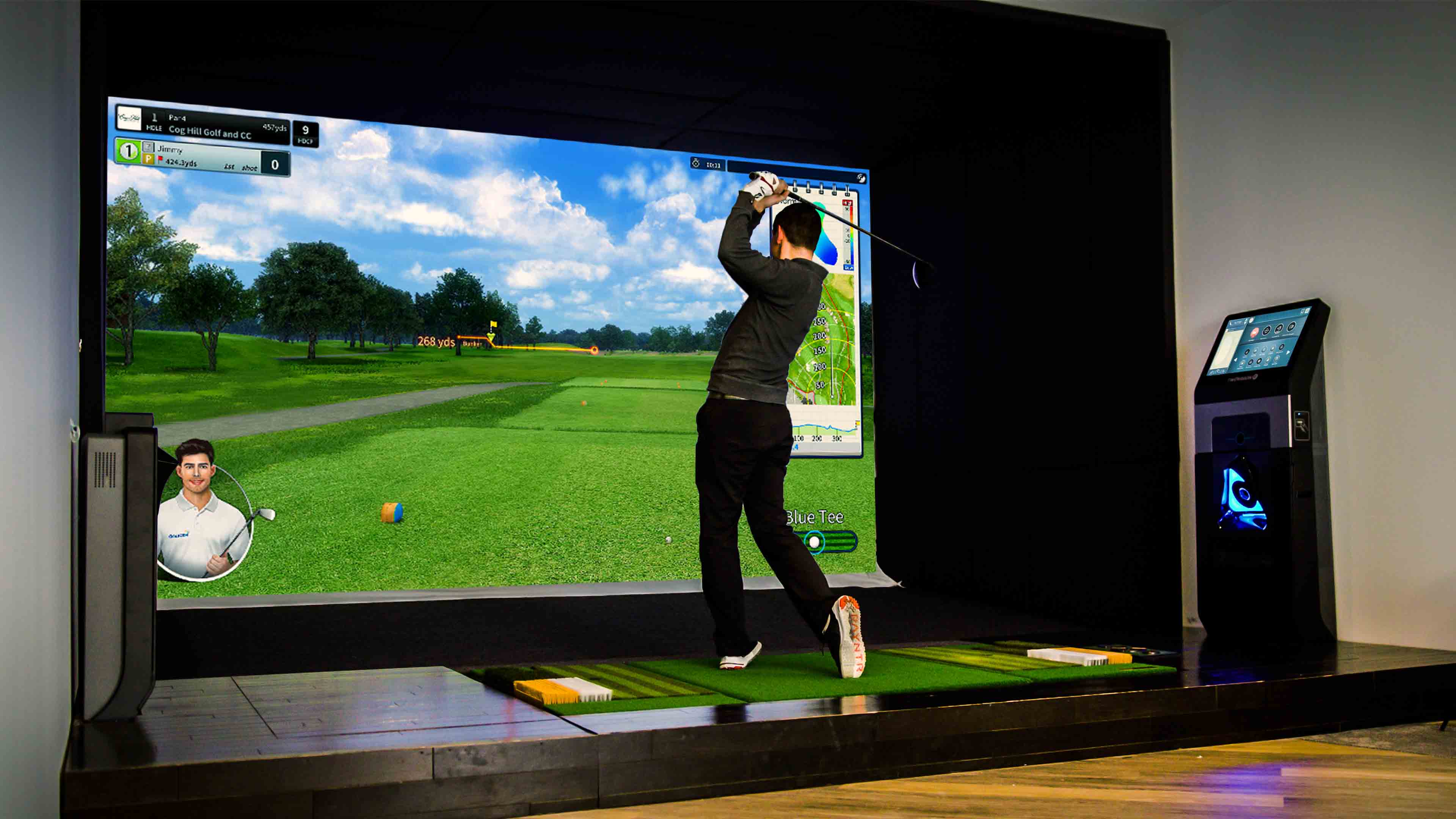Man swinging a golf club while playing Golfzon TwoVision indoor golf simulator.